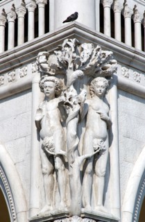 Italy Veneto Venice Carving Of Adam And Eve With Serpent On Corner Of Doges Palace In The Piazzetta