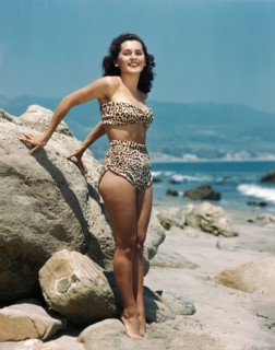 1940s BRUNETTE WOMAN LEOPARD SKIN TWO PIECE BATHING SUIT STANDING ON ROCKY BEACH