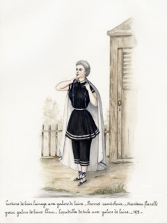 French fashion from the Victorian era dated 1873. Original watercolour painting with description of design in French language artist unknown