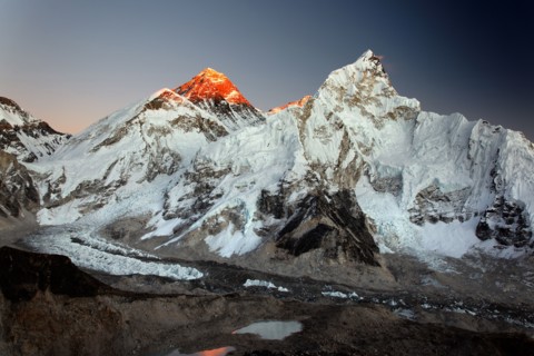 Last light on Mount Everest and Nuptse, seen from Kala Patthar in the Nepal Himalaya
