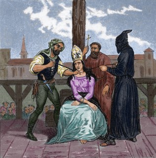 History. Europe. Witch hunt. Women convicted of being witches. Engraving. (Later colouration). 19th century.