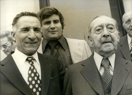 Jul. 16, 1976 - Alain Mimoun won the gold medal for the marathon at the Melbourne Olympics. Gaston Ragueneau won the silver medal for the 5000m at the 1900 Olympic Games in Paris. Standing in the back...
