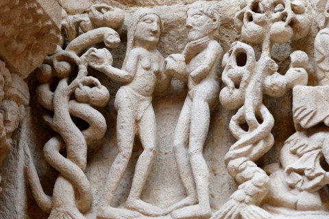 National Museum of French monuments. Sainte Marie Madeleine church, Neuilly-en-Donjon. Adam and Eve. The original sin. Cast.