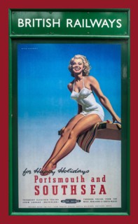Vintage retro 1950's British Railways holiday poster with girl in swimsuit promoting 'happy holidays' in Portsmouth and Southsea UK