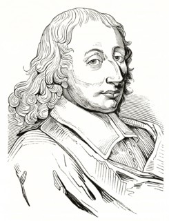 Ancient bust minimal outlined portrait of Blaise Pascal (1623-1662) French mathematician physicist and Christian philosopher. By unidentified author published on Magasin Pittoresque Paris 1839