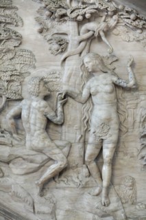 Adam and Eve. Renaissance relief on the Alabasterkanzel (Alabaster pulpit) in the Magdeburg Cathedral in Magdeburg, Saxony-Anhalt, Germany. The Alabaster pulpit was carved by German sculptor Christoph...