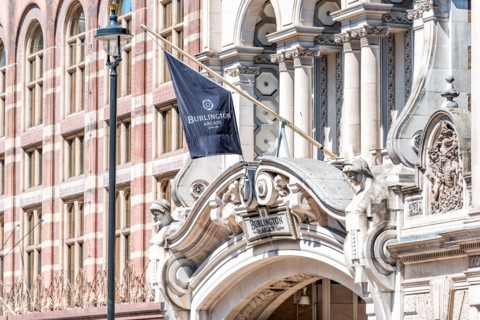 London, UK - June 22, 2018: The Royal Academy of Arts institution at Burlington House on Piccadilly Circus with Arcade banner entrance closeup with no