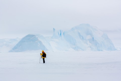 Trekking in the Antarctic Landscape. Traversing the sea ice of Snow Hill Island, Antarctica.