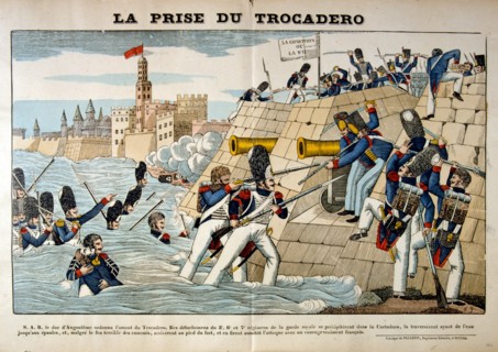 French illustration showing the Battle of Trocadero (Assedio del Trocadero) 1823). The French assault on Fort Trocadero was the only significant battle in the French invasion of Spain. French forces d...