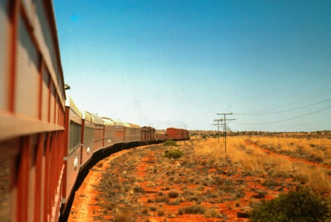 Central Australian Railways' Ghan train heads south from Finke, 1970