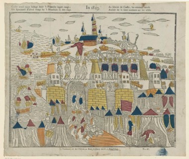 In 1823 / Cadix becomes closely invested by 't Fransche Army-Magt, / De Spanjaard d'lift dares to venture in Den Nagt / au blooms the Cadix, Les Ennemis Serrés / Auclair de la Lune Tombent sur les All...