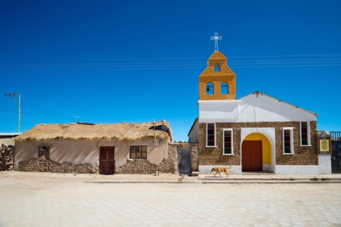 Small church in village of Colchani in Bolivia. Colchani is a tiny town situated on the edge of the salt flat Salar de Uyuni - South America