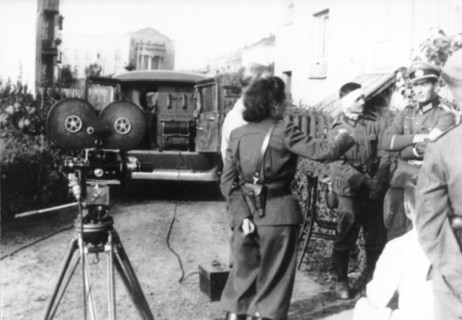 LENI RIEFENSTAHL (1902-2003) German film director and actress with army officers during the invasion of Poland in September 1939