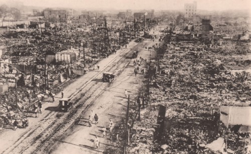 Japan Earthquake 1923: The ruins after the quake-fire at Ningyocho street, one of the thriying quarters of Tokyo
