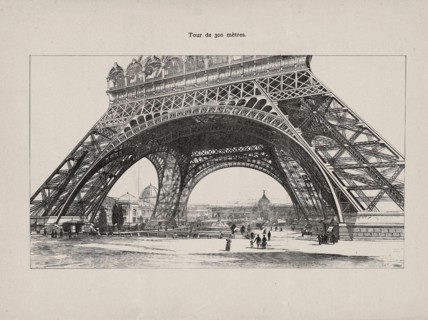 Vintage illustration of Paris World Exhibition seen under the Eiffel Tower. 1889