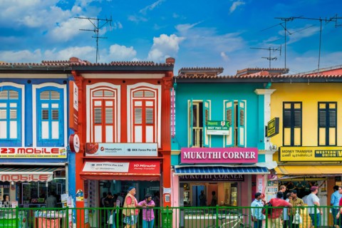 Colorful traditional shophouses in Little India, Singapore