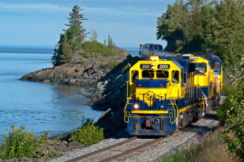 Alaska Railroad train riding along Turnagain Arm in Alaska