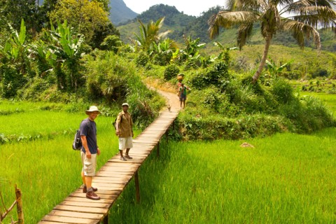 Tourist and park guide walking to the entrance to Marojejy National Park in northeast Madagascar.