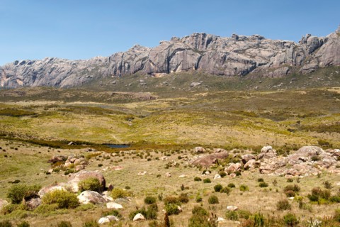 View of the landscape and one of the overnight camps in Andringitra National Park in southern Madagascar.