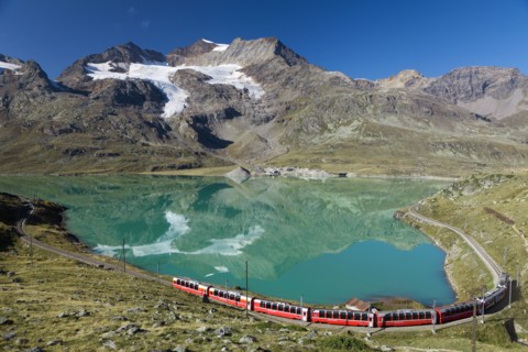 bernina express train at bernina pass
