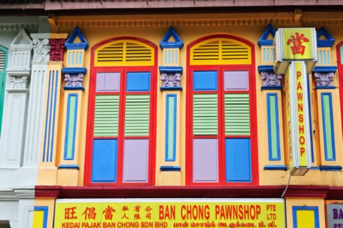 Colourful shutters of Pawn shop, Little India, Singapore.