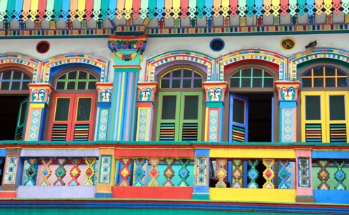 Old character heritage facades of colonial buildings in Little India, Singapore