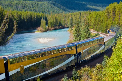 Rocky Mountaineer train at Morant's curve near Lake Louise in the Canadian Rockies Banff national Park Alberta Canada