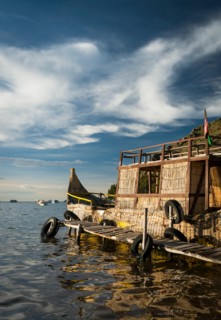 Traditional Reed boat moored on Lake Titicaca, Copacabana, Lake Titicaca, Bolivia