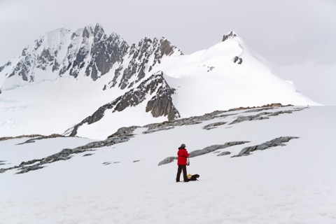 One person standing on the ice in front of a snow-covered mountain.