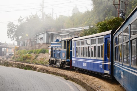 Darjeeling Himalayan Railway, Toy Train climbing a steep slope on a curve.