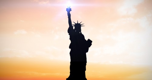 Composite image of focus on liberty statue