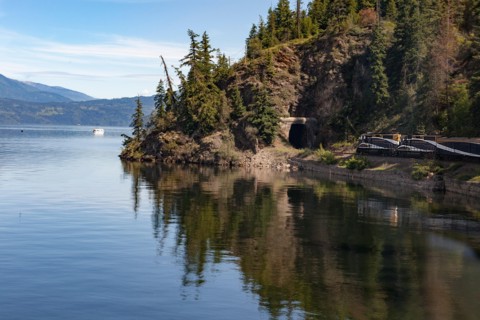 The Rocky Mountaineer train on the Canadian Pacific Rail route through the Rocky Mountains, Canada near Vancouver.