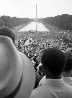 Civil rights March on Washington for Jobs and Freedom, August 28, 1963, with Washington Monument and Reflecting Pool in background. Dr. Martin Luther King, Jr. delivered his famous "I Have a Dream" sp...