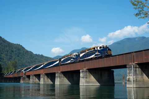 The Rocky Mountaineer crosses the Harrison River in Harrison Mills, British Columbia, Canada.