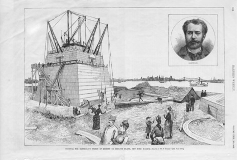 FREDERIC AUGUSTE BARTHOLDI (1834-1904) French sculptor who designed the Statue of Liberty.  The Statue under construction on Liberty Island, New York with Bartholdi inset, from Harper's Weekly.
