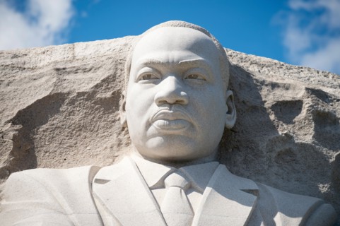 WASHINGTON DC - CIRCA AUGUST, 2018: The Martin Luther King Jr Memorial, featuring a portrait of the civil rights leader carved in granite