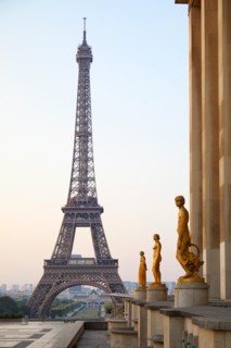 PARIS, FRANCE - JULY 7, 2018: Eiffel tower, nobody at Trocadero in a clear summer morning in Paris, France