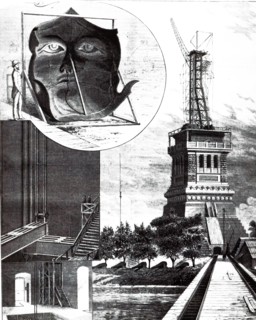 An engraving depicting the construction of the Statue Of Liberty in New York, designed by French sculptor Frederic Auguste Bartholdi and built by Gustave Eiffel. The statue was dedicated to America on...