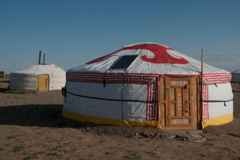 Gers or yurts at Meekhi Tourist Camp, Bayanzag (Flaming Cliffs), Gobi Desert, Mongolia