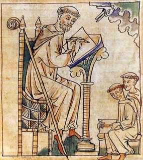 France: Coloured woodcut of St. Bernard of Clairvaux (1090 - 20 August 1153) writing a sermon, 12th century.

Bernard of Clairvaux, O.Cist was a French abbot and the primary builder of the reforming C...