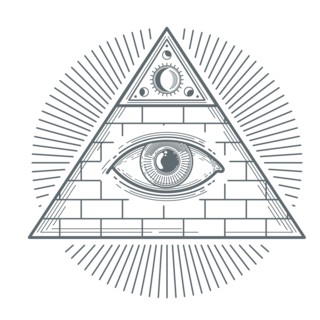 Mystical occult sign with freemasonry eye symbol vector illustration. Freemasonry mystic sign, pyramid with eye