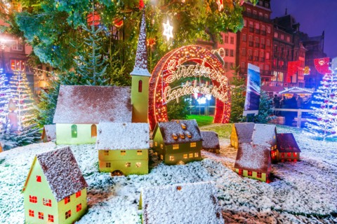 Strasbourg, France. Place Kebler and Christmas Tree, Capitale de Noel in Alsace.