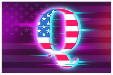 QAnon Q symbol with glitch effect illustration.