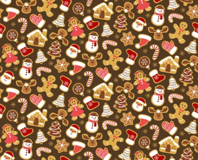 Christmas seamless pattern with gingerbread cookies isolated on dark brown background. Warm colors. EPS 10 vector illustration.
