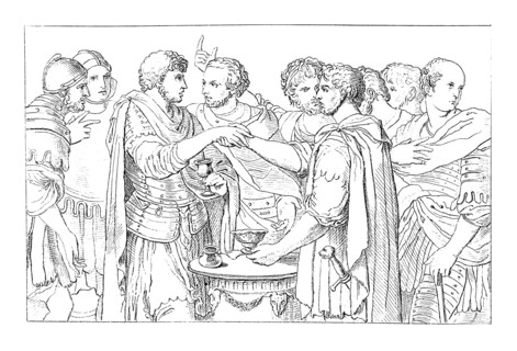 19th-century engraving depicting Catiline’s before August, painting by Salvator Rosa (dated 1663). Illustration published in Systematischer Bilder Atl