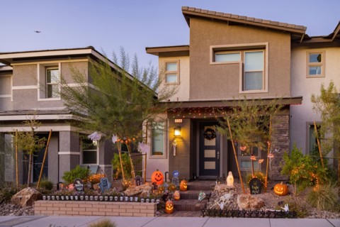 Las Vegas, OCT 29, 2020 - Night view of a house with halloween decoration
