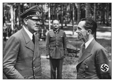 Adolf Hitler &  Reichminister Dr Joseph Goebbels with Nazi swastika armband at the Wolf’s Lair Headquarters.Poland. Hitler and Goebbels at the Wolf's Lair shortly after the beginning of Operation Barb...