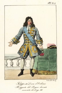 Philippe II, Duke of Orleans, 1674-1723, French royal, soldier, and statesman who served as Regent of France. In blue coat with gold frogging, cravatte, breeches, hose, bootlets, with court sword. Phi...