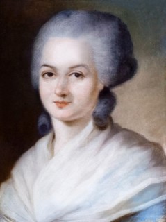 Olympe de Gouges (1748-1793), French playwright and political activist for women's rights and abolitionism, portrait painting in pastel by Alexander Kucharsky, before 1793