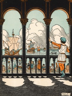 The 15 year old Marco Polo (c1254-1324), on Venice Quay. By Donn Philip Crane (1878-1944). In 1269, Niccolò Polo (c1230-c1294) and Maffeo Polo (c1230-c1309), returned to Venice to meet Marco for the f...